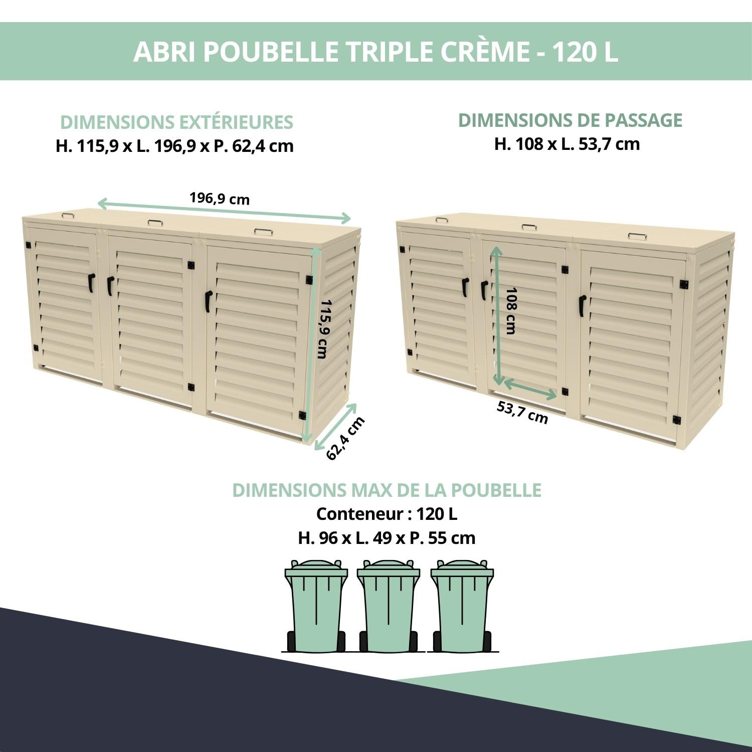 Refugio de basura exterior triple de aluminio termolacado para 3 cubos de basura de dimensiones H. 96 x L 49 x 55 cm (3 x 120 litros) | Crema RAL1015 | Calidad anticorrosión | Fabricación francesa