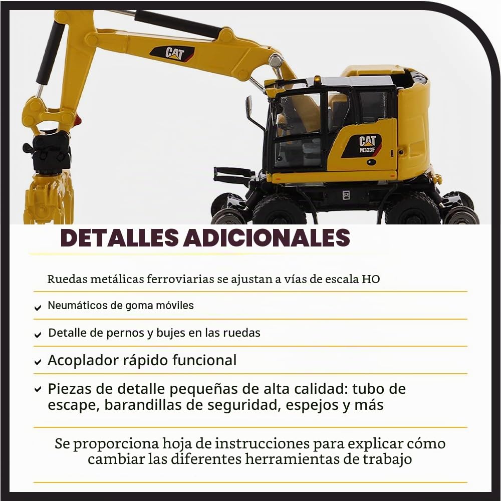 Diecast Masters Caterpillar M323F 85612 - Excavadora móvil con Accesorios, Detallada H0 Cat en Caja de Metal, Escala 1:87, Aprox. 9,5 x 3,4 x 4,6 cm, 14+, para Modelos de ferrocarriles y