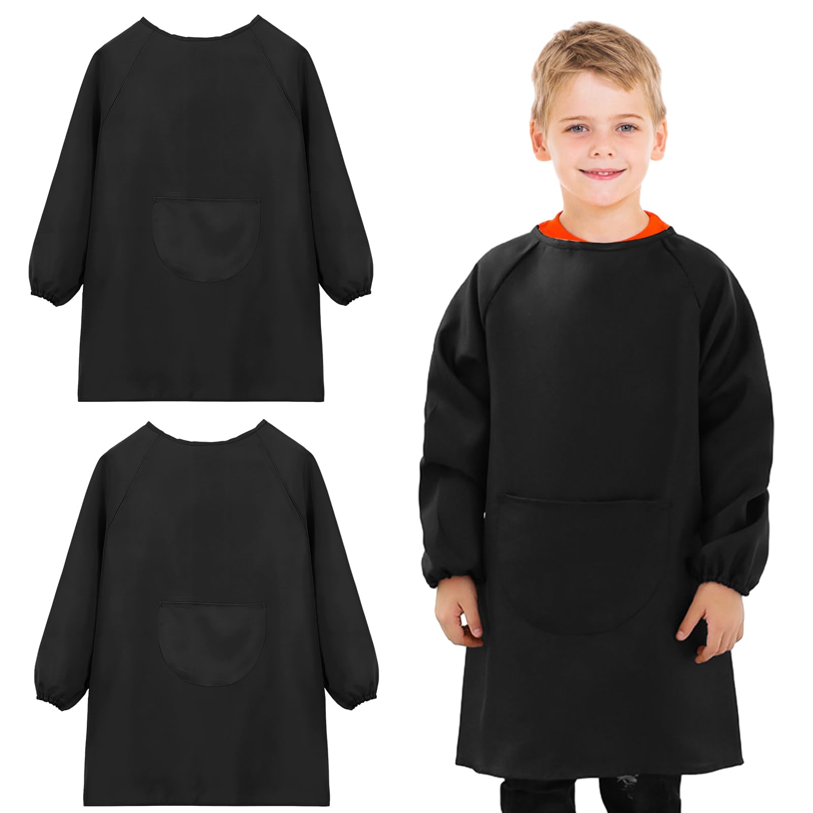 2 Pcs Bata de Pintura Niños 3-12 Años, Babero de Arte Infantil con Manga Larga Bolsillo Grande, Delantal de Chef Ajustable Niño Niña, Delantales Blusón Pintar para Cocinar Hornear