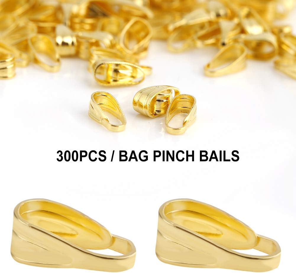 Yctze Pack of 300 - Alloy Jewelry Bails, Pinch Clips Pendant Connector Clasps, Snap for Necklace Making, Sterling Silver Bail Clips, for Jewelry Creation (Gold)