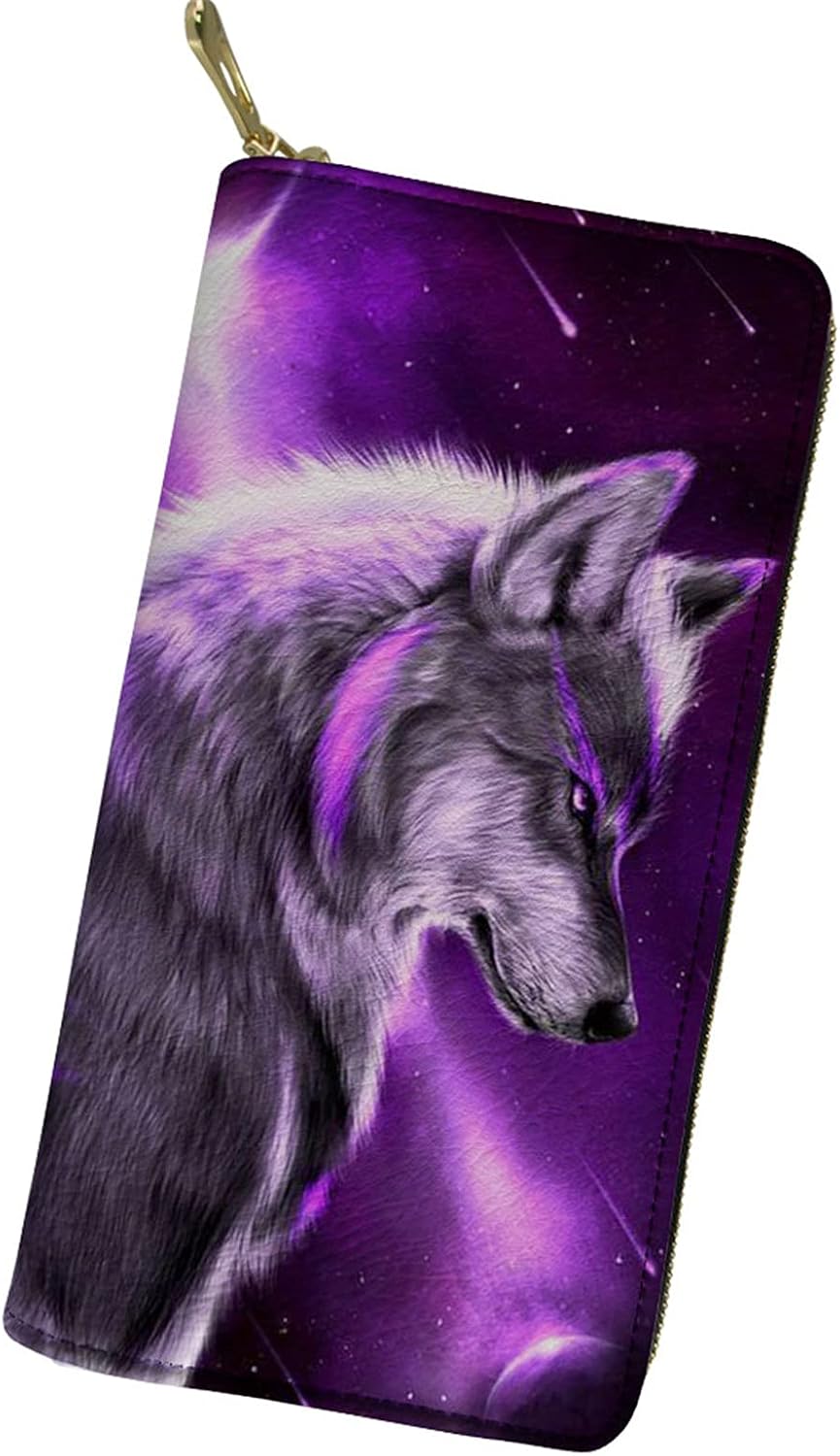 Showudesigns Woman's Wallet Wolf Galaxy Pattern Purse Zip Around Clutch Ladies Teens Girls Card Holder Coin Pouch Organiser Purple