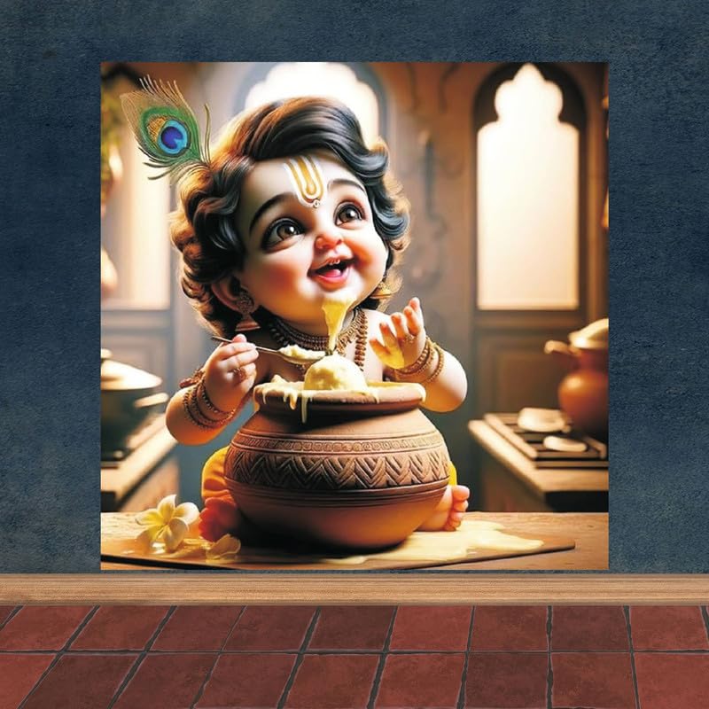 Image of British Terminal Cute little Bal Gopal Baby God Krishna| Kanha Ji | Laddu Lord Makhan Chor Painting Religious Poster for Pregnant Women for wall (matt thin vinyl,sticker,multicolor,unframed)| bj413