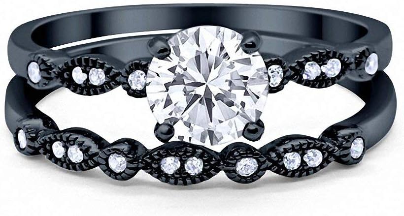 Blue Apple Co.Blue Apple Co. Art Deco Wedding Engagement Bridal Set Ring Band Round Cubic Zirconia 925 Sterling Silver