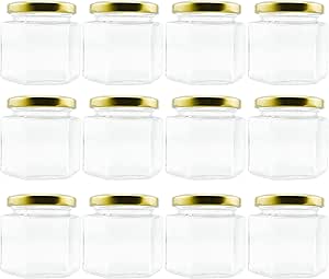 Cornucopia 4-Ounce Hexagon Glass Jars (12-Pack), One Dozen 4 Oz Hex Jar Bulk for Party Favors, Preserves, Spices &amp; Kitchen Storage