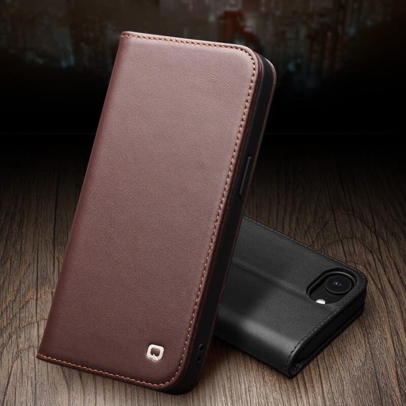 Étui iPhone 16 Pro marron à rabat magnétique, housse en cuir véritable uni
