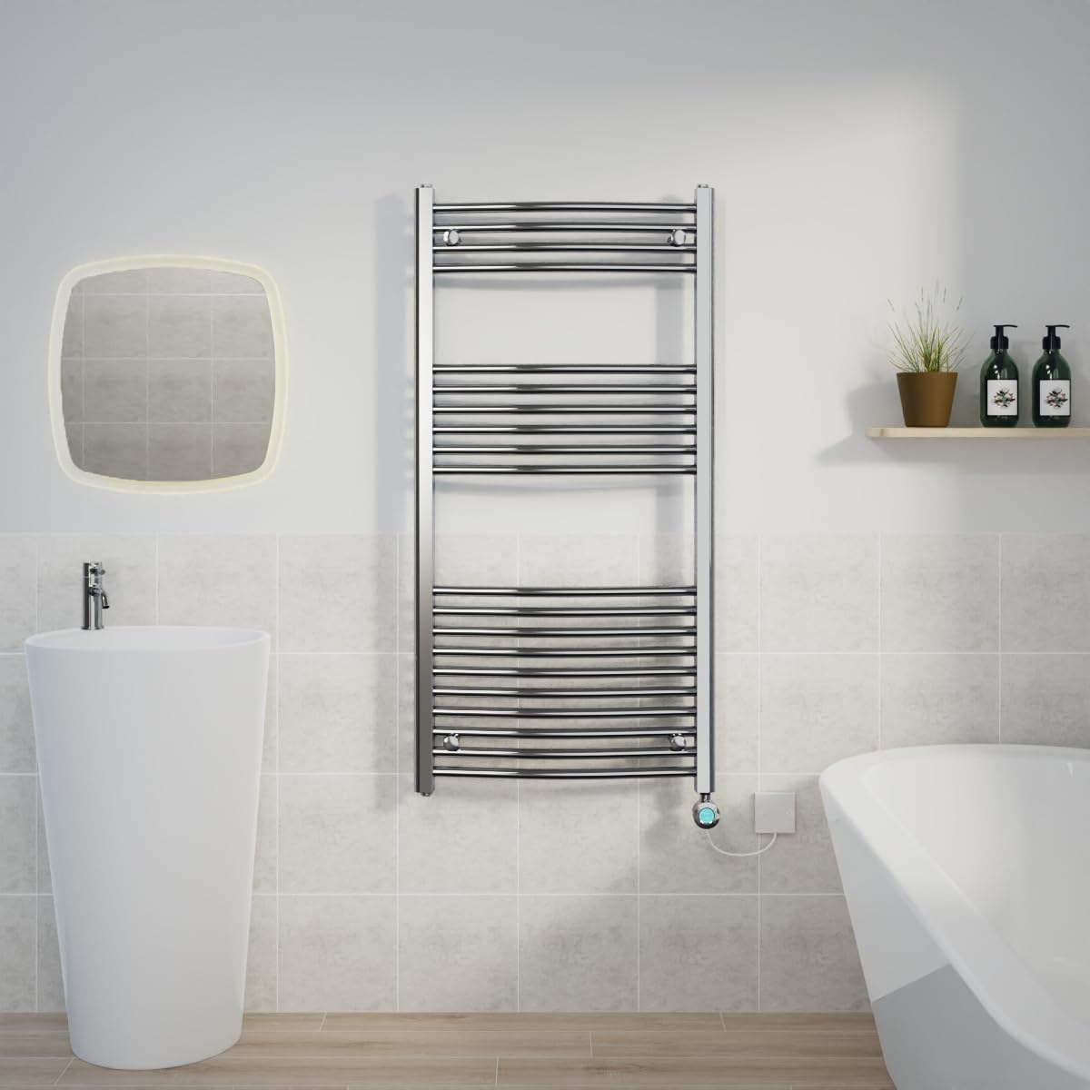 Warmehaus Electric Heated Towel Rail Curved Chrome Thermostatic Bathroom Towel Radiator with Timer - 1200x600mm
