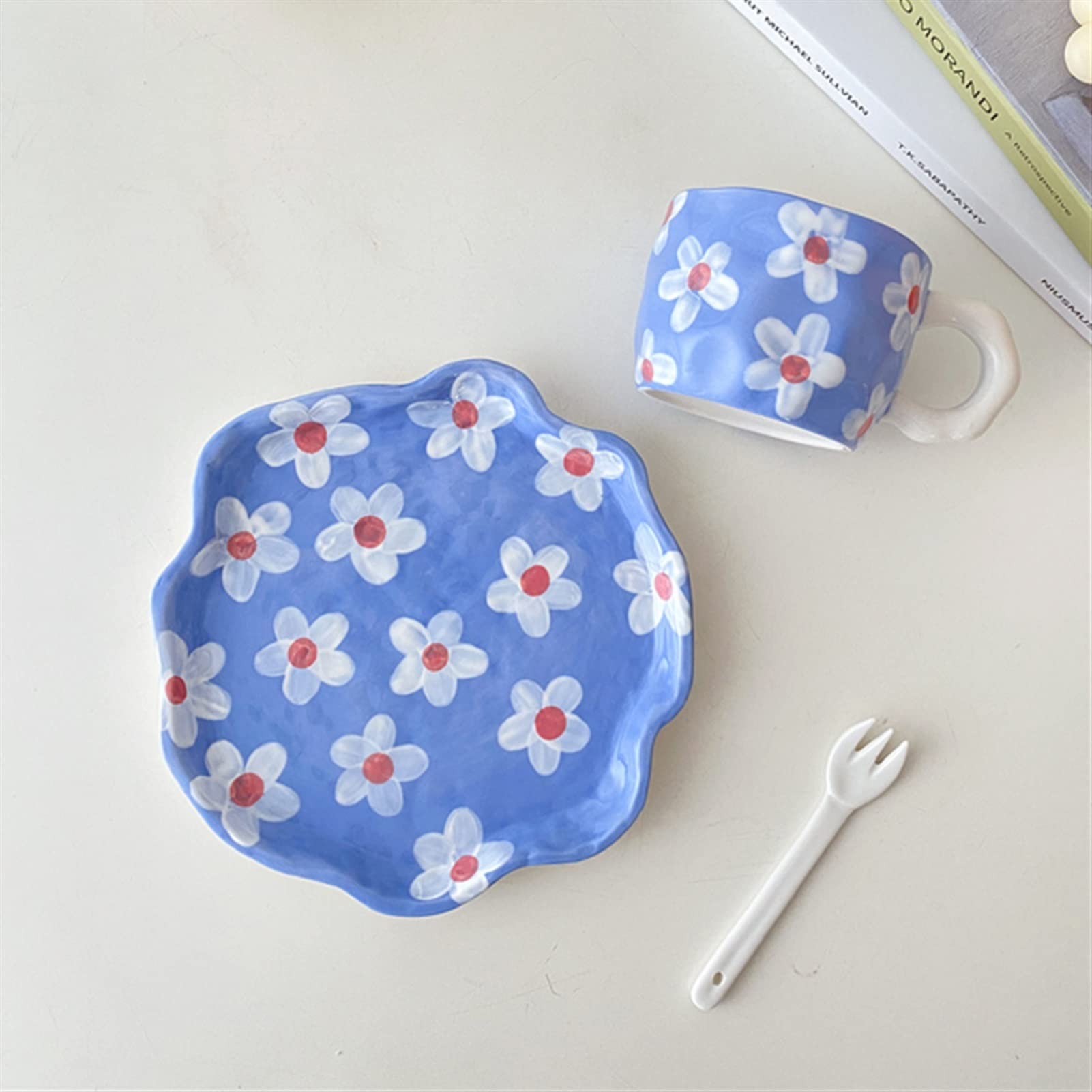 Mug Tasse Peinte à la Main Motif créatif gobelets et Assiettes sous-allumes de thé céramique thé café Tasse de Dessert Plate Alimentaire Cadeau à la Main Tasse à thé (Color : E)