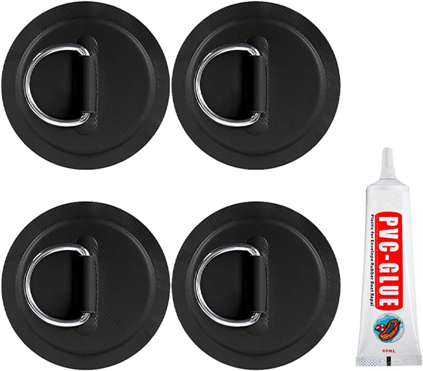 4Pcs D-Ring Patch for Inflatable Boat, Kayak, Dinghy, Stainless Steel D Ring Pad, PVC Patch Paddleboard Canoe Rafting Accessory, Glue Included
