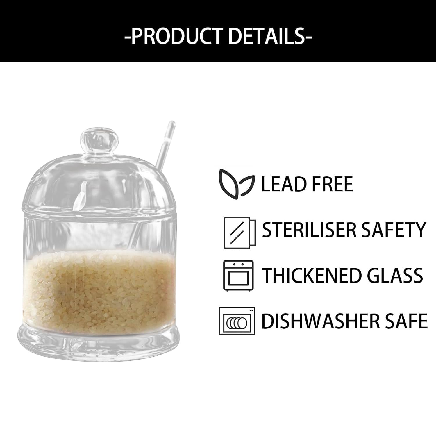 Lot de 2 pots à sucre en verre avec couvercle en verre et cuillère, 270 ml, transparents, pour sucre en dés, confiture, sel, épices dans la cuisine