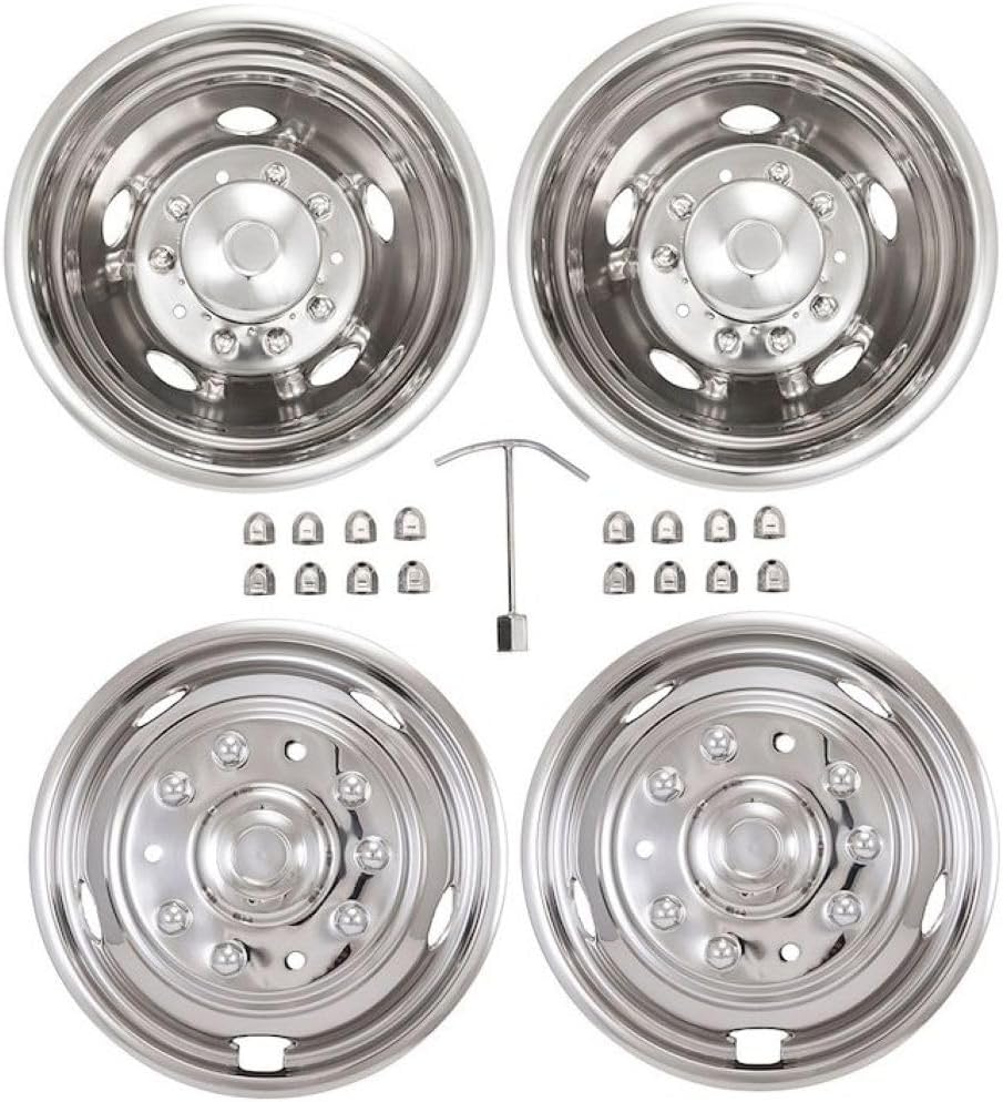 Coast To Coast Wheel Simulator Fits Ford F-450 Super Duty 2005-2016 Set of 4 – 19.5 Inch Polished 304 Stainless Steel Bolt-On for Dual Rear Wheels, 10 Lug/5 Hand Hole,