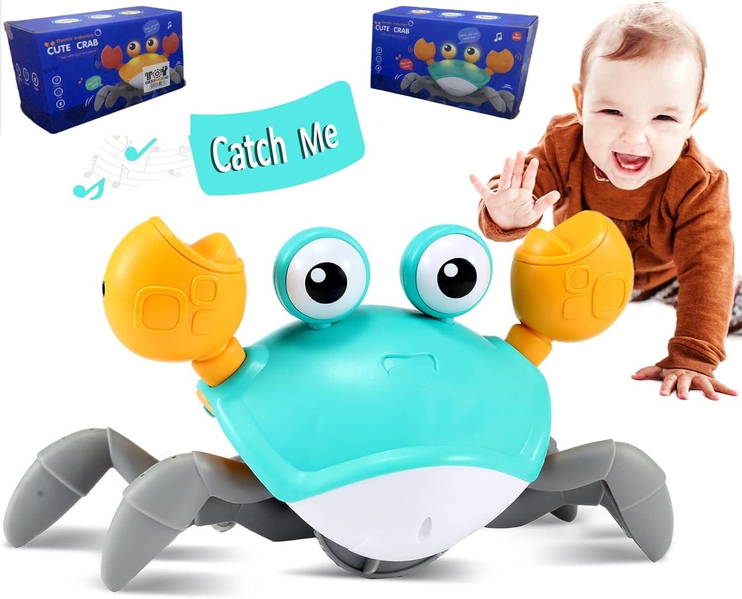 SHAHNARO Crawling Crab Baby Toy – Interactive Electric Crab Toys for Baby & Toddlers with Music & LED Lights | Tummy Time Moving Toy with Obstacle Avoidance | Toddler Crawling Toy – Green/Yellow