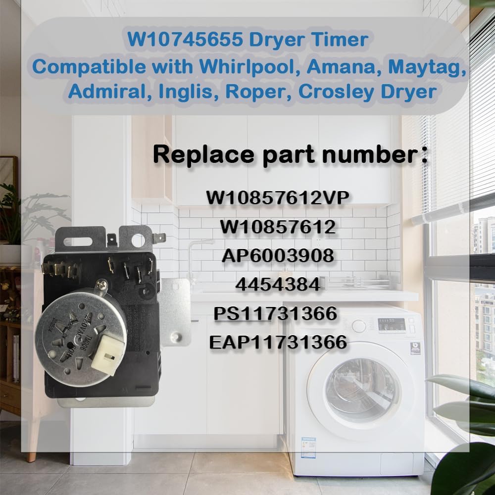 W10745655 Dryer Timer, Compatible with Whirlpool, Amana, Maytag, Admiral, Inglis, Roper, Crosley, Replace AP6003908, W10857612VP, W10857612, 4454384, PS11731366, 2-Year Warranty
