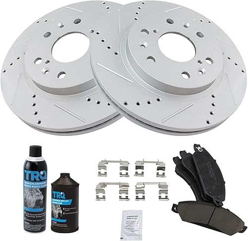 Miniatura 2 de TRQ Kit de pastillas de freno delanteras y rotores de cerámica con revestimiento en G de alta calidad, ranurado X perforado, compatible con 07