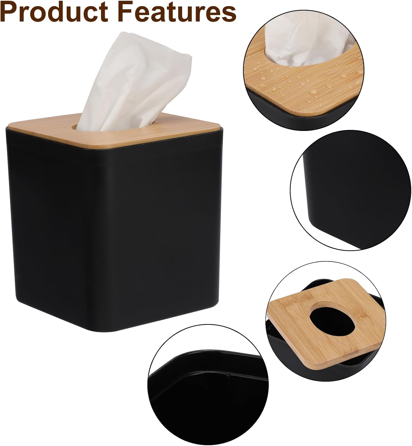 Sumnacon Square Tissue Box Cover - Farmhouse Cube Tissue Box Holder with Bamboo Lid Plate, Boho Wood Tissue Box Decorative Tissue Dispenser for Bathrooms Dinner Table Countertop Office, Black