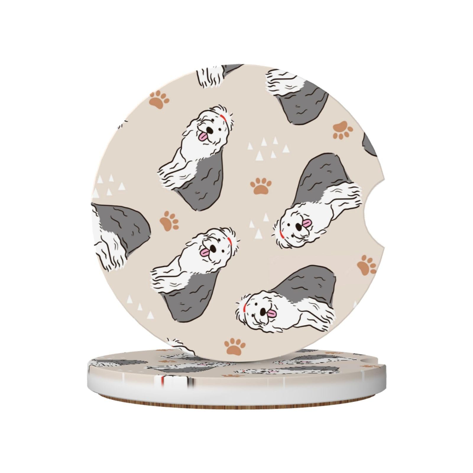 Old English Sheepdog, Car Cup Holder Coasters 2 Pack, Absorbent Ceramic Car Coasters with Non Slip Cork Base
