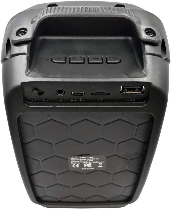 Rear panel of the KIMISO KMS-1002 speaker, showing various ports and control buttons.