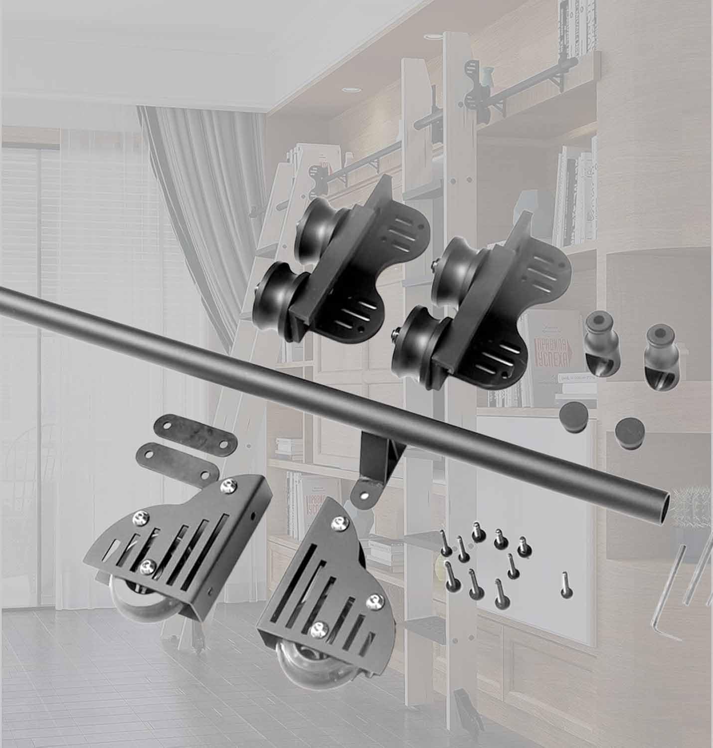 MRVAKDYDI Retractable Rolling Library Ladder Rails Kit, Sliding Library Ladder Track Kit, Black Steel, Adjustable 1-7.3m, With Brake Floor Roller(13ft/400cm track kit)