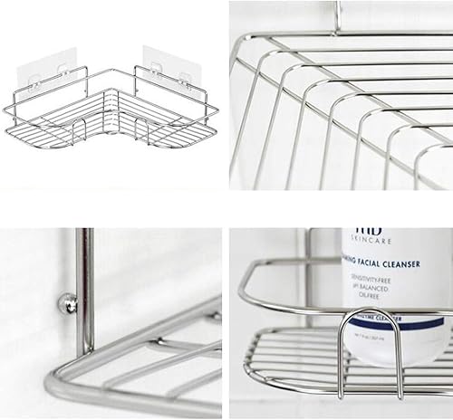 Miniatura 5 de Paquete de 2 organizadores de ducha esquineros, estante adhesivo de baño montado en la pared, estante de baño de acero inoxidable, organizador de