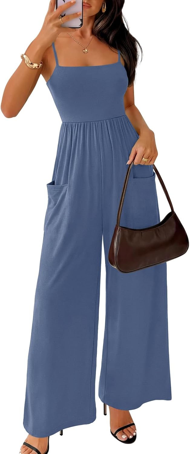 MEROKEETY Women's Summer Casual Rompers Sleeveless Spaghetti Strap Boho Wide Leg Jumpsuits Travel Vacation Outfits Overalls