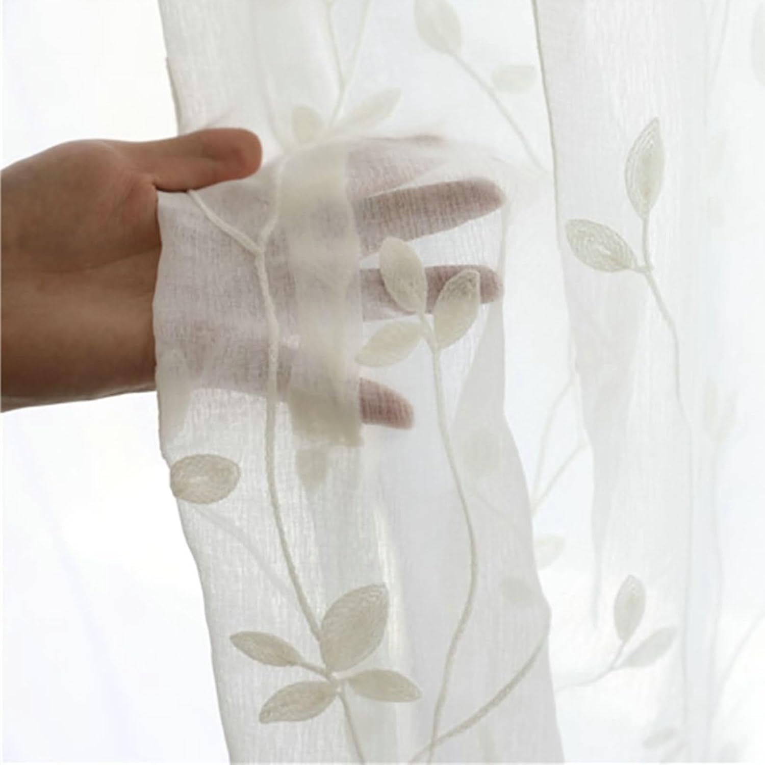 Daesar Sheer Curtains for 2 Panels Set, Cotton Linen Grommet Tulle Curtains 52" W x 63" H Drapes Embroidered Leaves Branches Beige White Voile Curtains for Bedroom Living Room