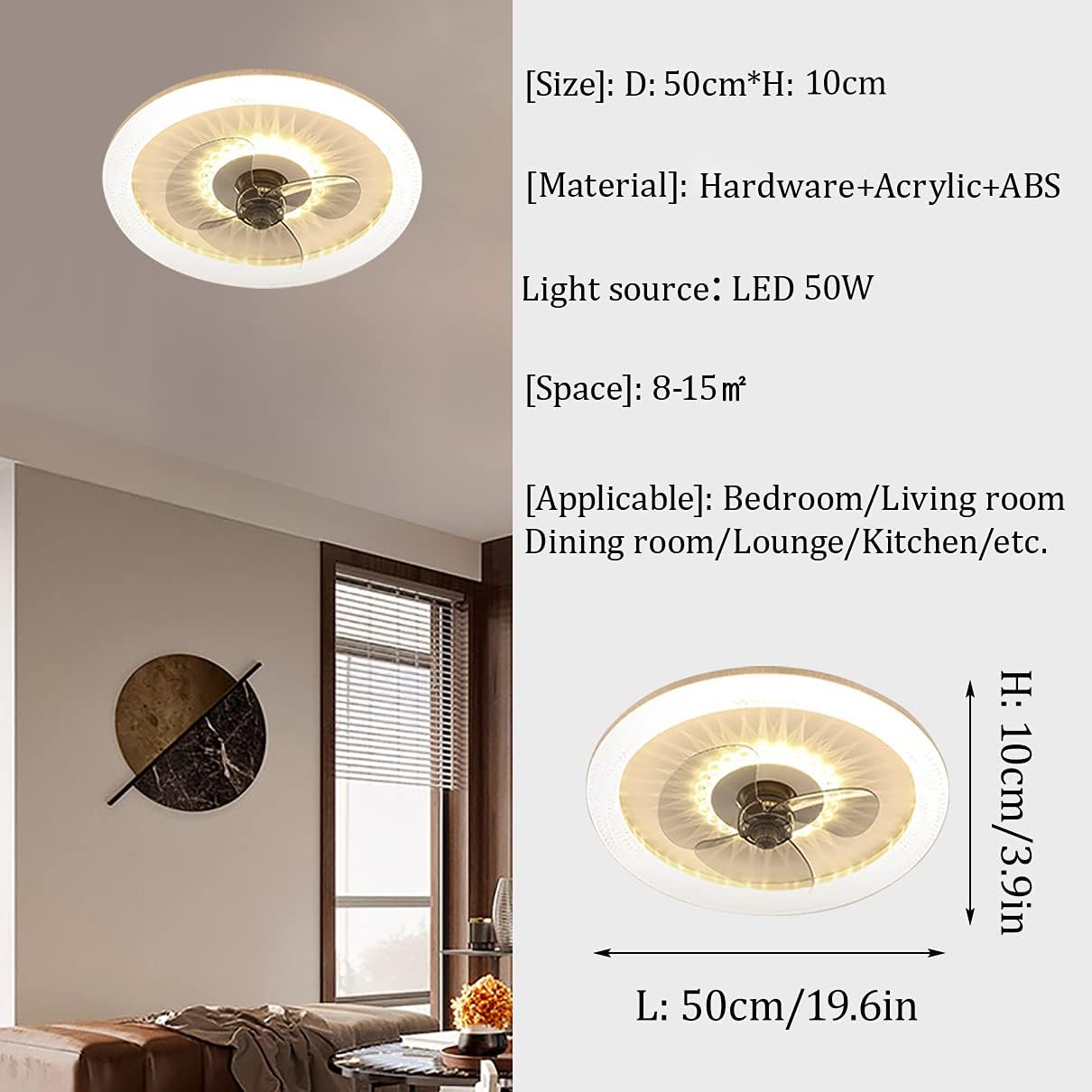 YUEGOO Reversible Fan with Ceiling Light and Remote Control Silent 6 Speeds Bedroom Led Dimmable Ceiling Fan Light 50W Ultra-Thin Modern Living Room Quiet Fan Ceiling Light/D