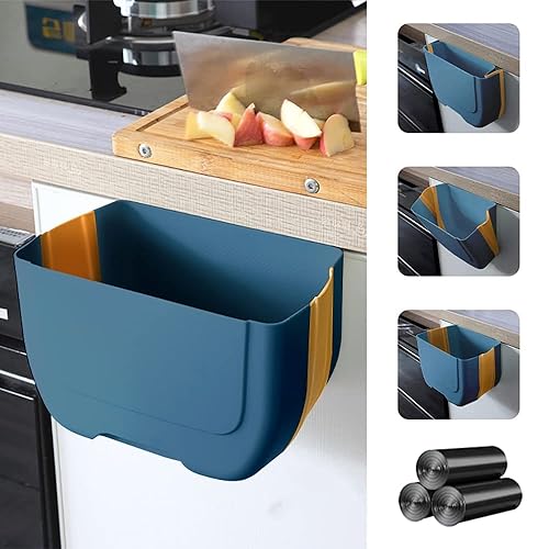 Pequeño cubo de basura plegable de plástico para colgar con tres rollos de bolsas de basura para cocina, gabinete, dormitorio, baño, 3 L (azul)