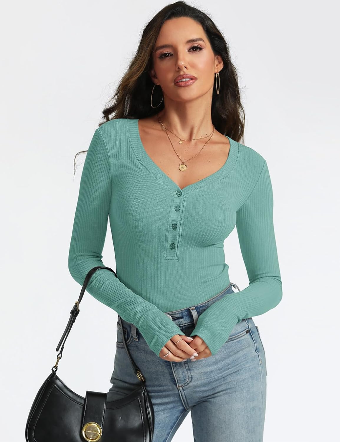 Women's Long Sleeve V Neck Shirt Sexy Henley Tight Slim Fitted Going Out Top Ribbed Button Fall Fashion 2025 - Image 2