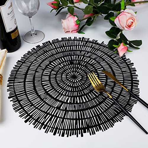 Black Round Placemats Set Of 8 Metallic Pressed Vinyl Dining Table Mats Farmhouse Kitchen Hollow Out Wood Pattern 15Inch Table Setting Fall Spring Decoration Gold Centerpiece Snowkingdom (Black, 8) #TOP6