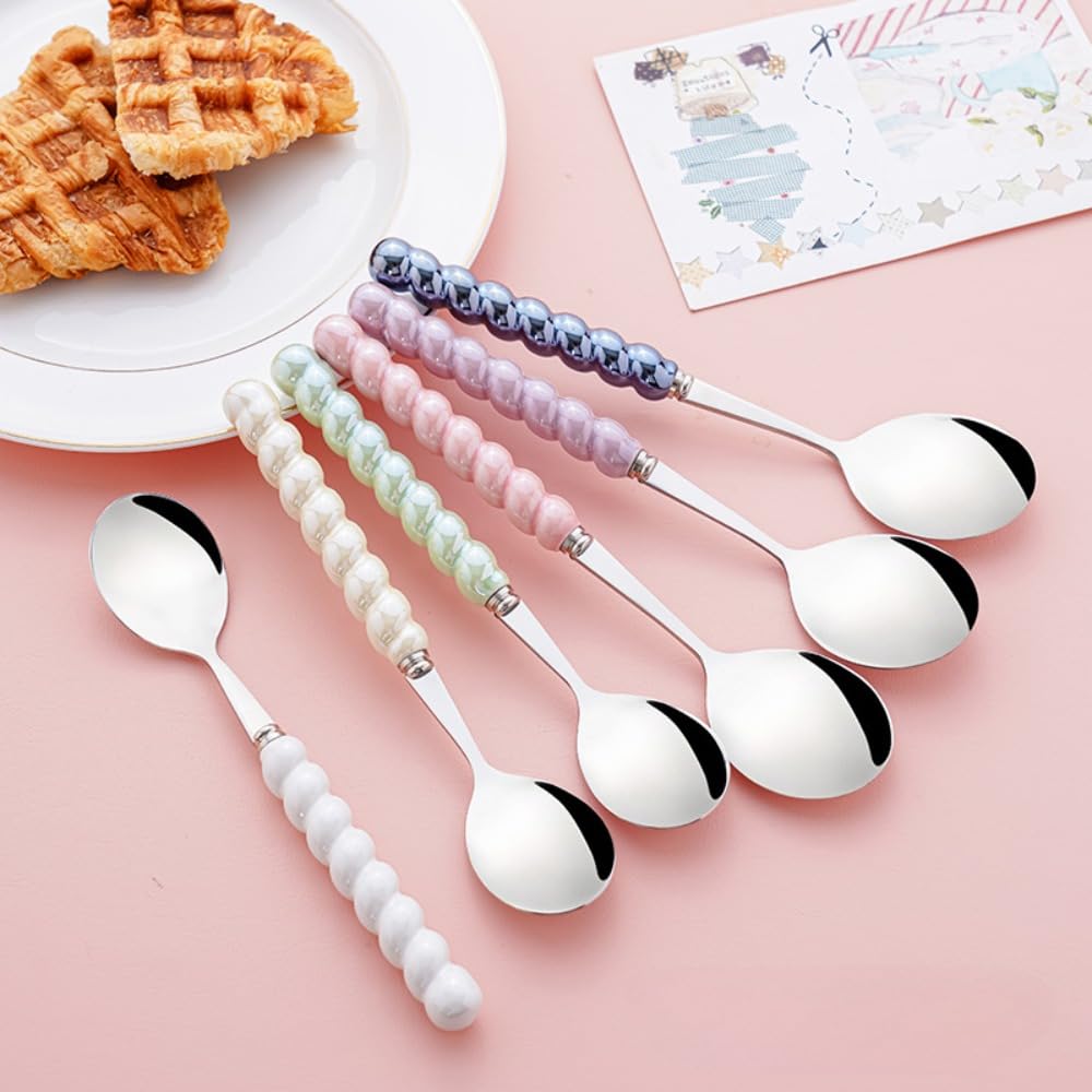 (6 piezas) Cuchara de cerámica exquisita de acero inoxidable para comer y beber de 7.48 pulgadas, cuchara de café y té