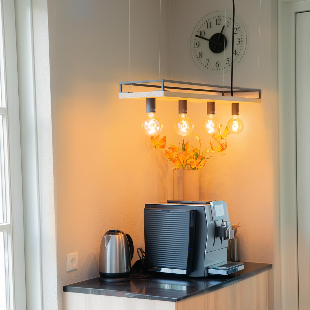 Qazqa Esstisch Industrie Pendelleuchte, Pendellampe - Shelf - Schwarz, Rechteckig, Holz, 4-flammig, 100cm, Ideal als Esszimmerlampe und Wohnzimmerlampe