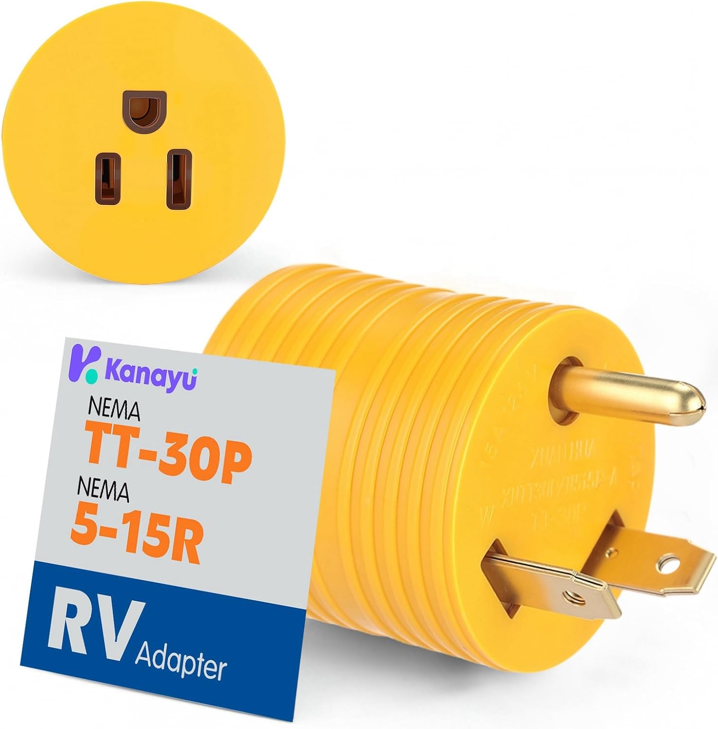Kanayu 30 Amp to 15 Amp NEMA TT-30P Male to 5-15R Female RV Adapter, Compact Campsite Power Converter for Travel Trailer & Generator, Heavy Duty Grounded Plug, 125V/1875W
