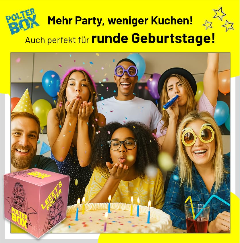 JGA PolterBox Deluxe – Komplettset mit 11 Partyspielen für Junggesellinnenabschied, 4–20 Spielerinnen – All-in-One JGA Partybox für Polterabend, Aufgaben & Gruppen-Challenges (Girls Edition)