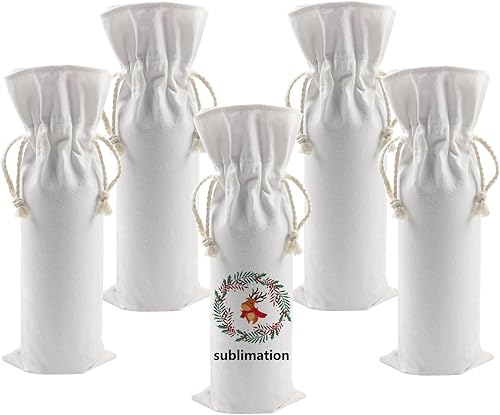 OKBA 5 bolsas de regalo de vino de sublimación en blanco, bolsa de lona para botella de vino con cordón, adecuada para sublimación, serigrafía,