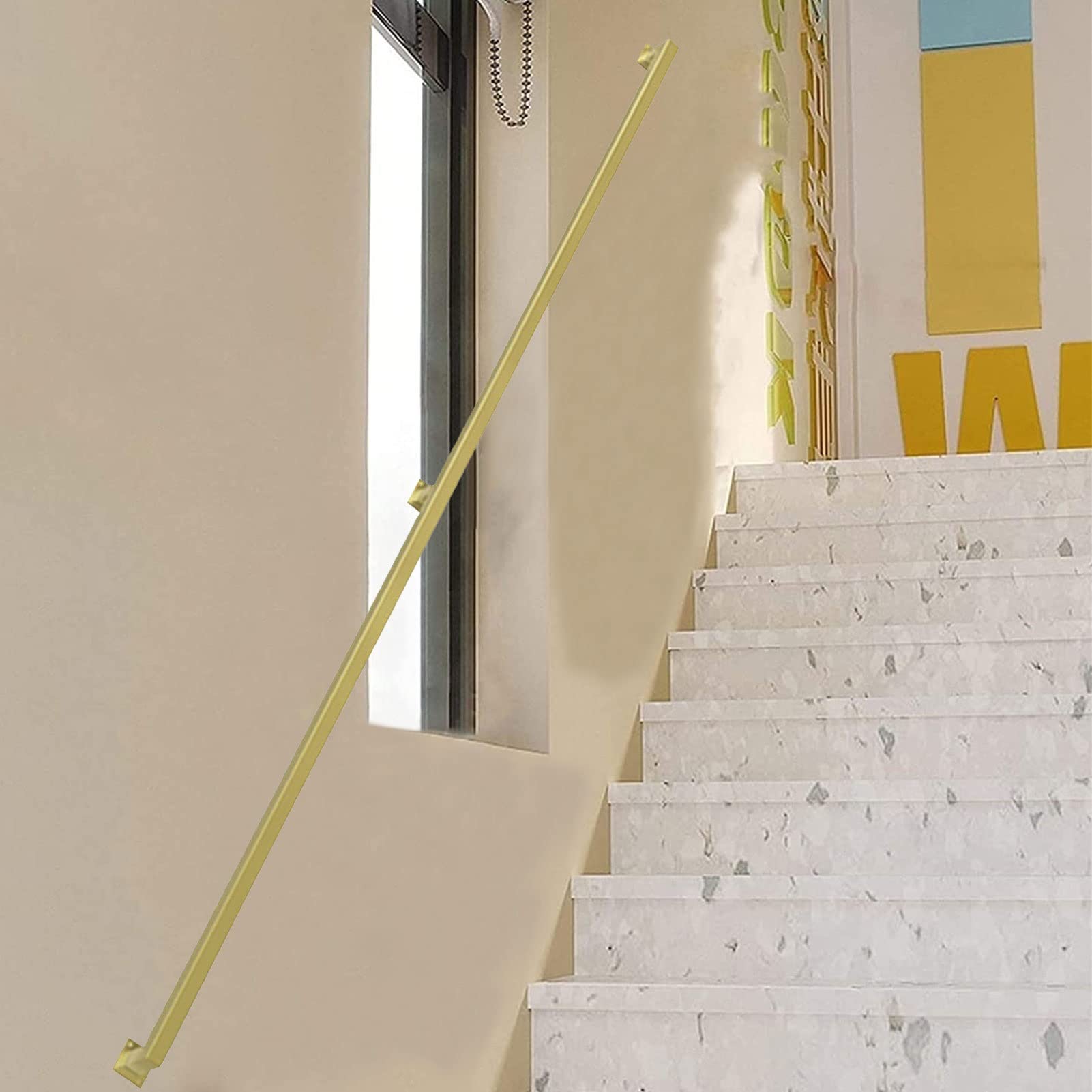 Attrex One Color Handrail Stairs Metal Railing Indoor Outdoor Wall Balustrade Non-Slip Gold Wall-Mounted Stair Outside Wrought Iron Banister Grab Rail Support Rod(6.6Ft/200Cm)