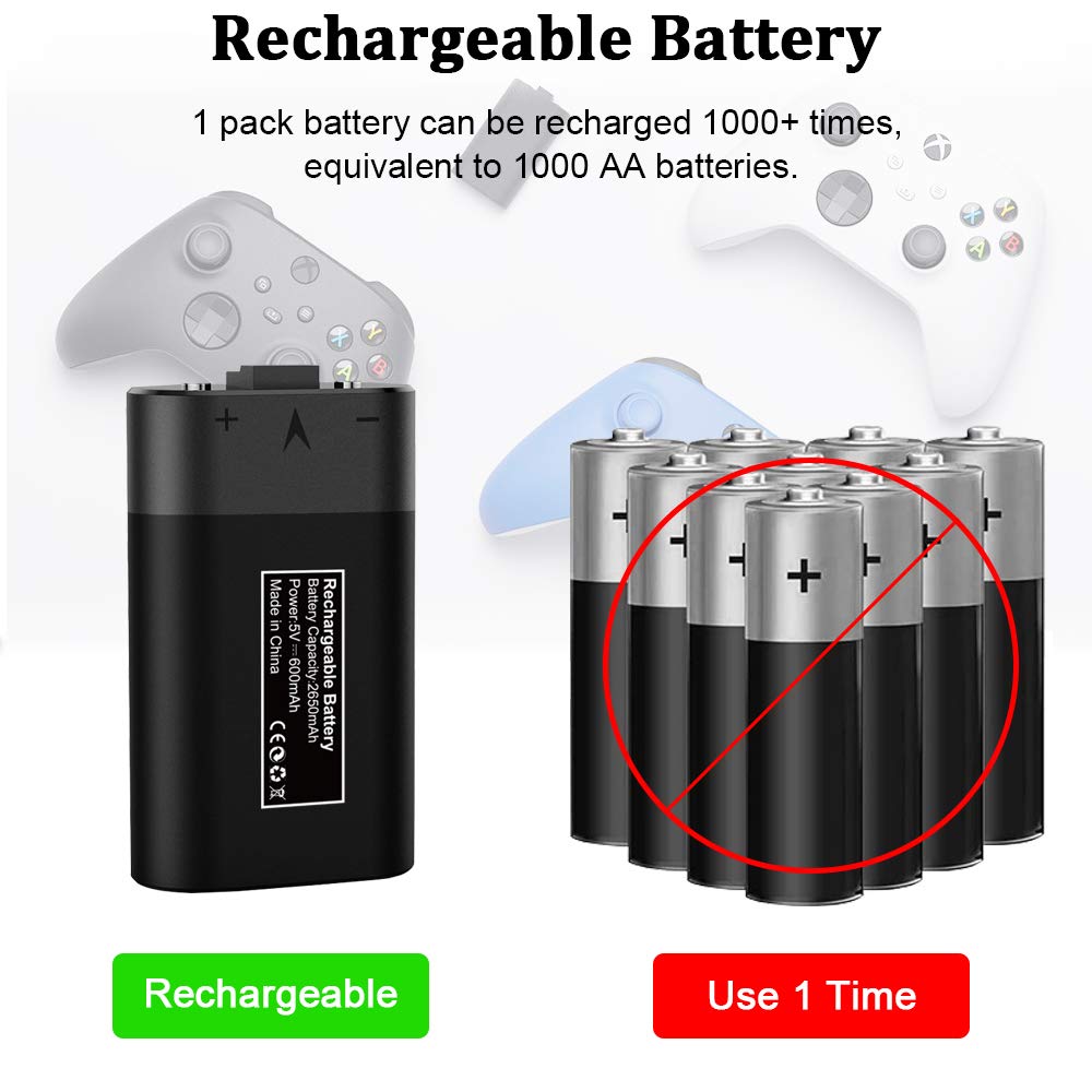 Battery Pack for Xbox Controller, 2 Pack 2560mAh Rechargeable Battery with USB C Charging Cable & LED Charge Indicator, 24 Hours Play Time for Xbox Series X/S, Xbox Elite 2, Xbox One X/S Controller : Video Games
