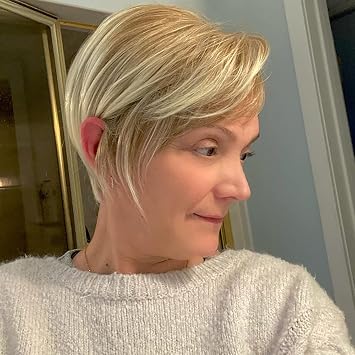Creamily Short Pixie Cut Women's Wig Short Hair with Bangs Natural Tiered Synthetic Hair for Women Blonde Mix Brown