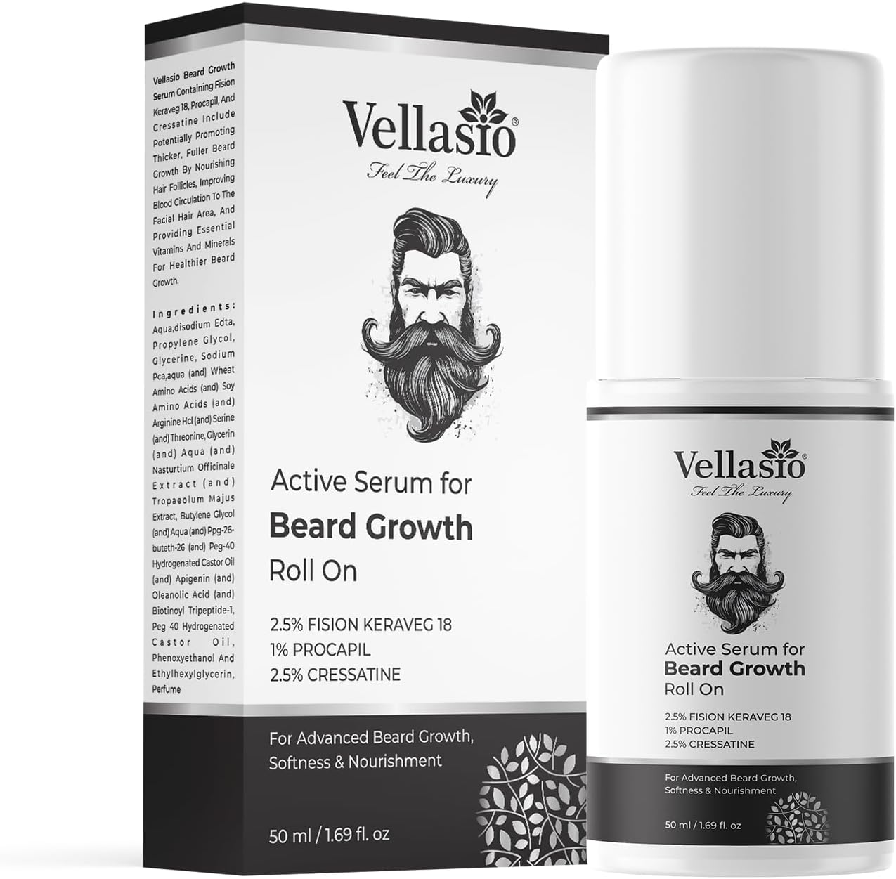 VELLASIO Beard Growth Roll On, 100% Organic All Natural Beard Oil Blend for Thicker, Fuller, and Healthier Beards | Softness and Nourishment Beard Oil - 50 ml/1.69 fl.oz