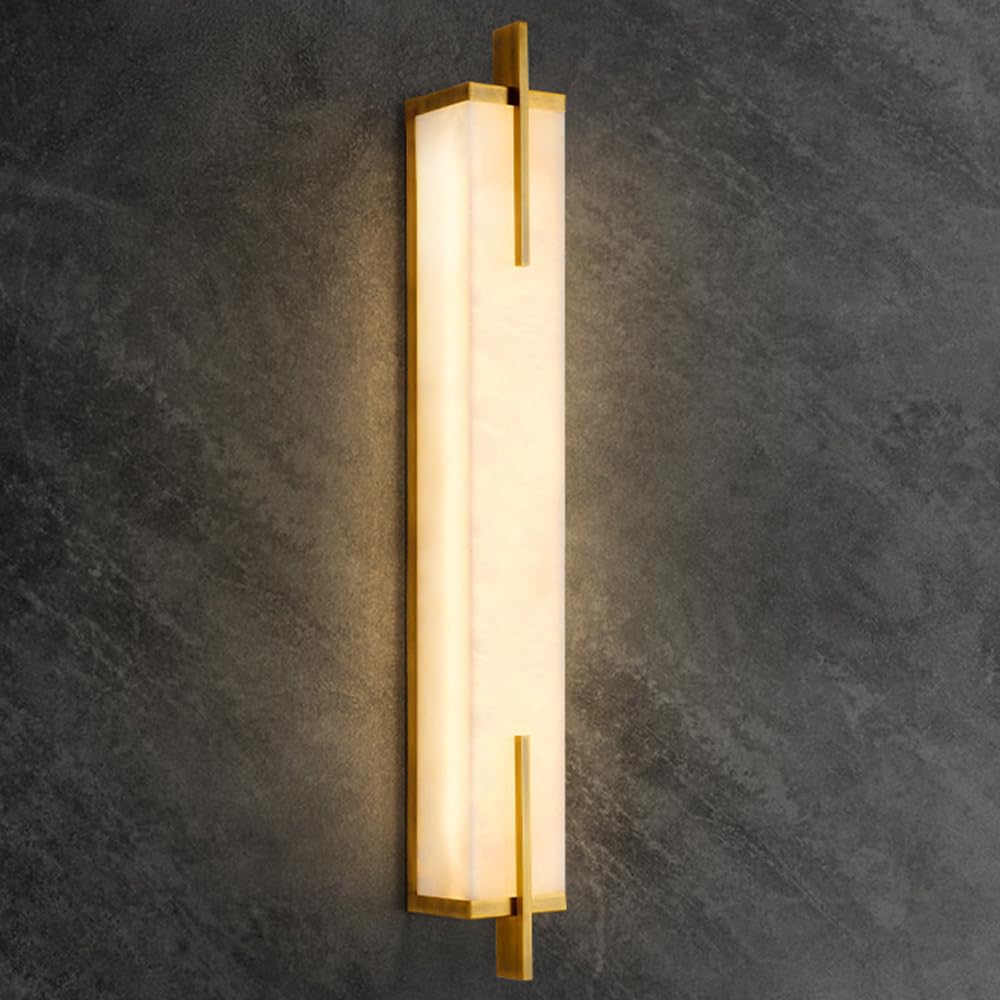 TRIVIDHA Natural Alabaster Wall Sconce Brass Wall Sconce with Stone Shade Rectangular Marble Wall Mounted Light Modern Bathroom Vanity Light for Living Room Kitchen Dining Room