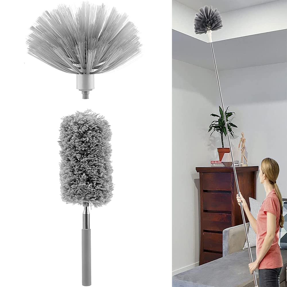 SACHUKOT Extendable Feather Duster Domed Corner Brush, Double Replacement Heads Extendable Dusters Pole up to 250cm Hand Duster with Washable Head, for Cleaning High Ceiling Fans, Blinds, Cobweb, Cars