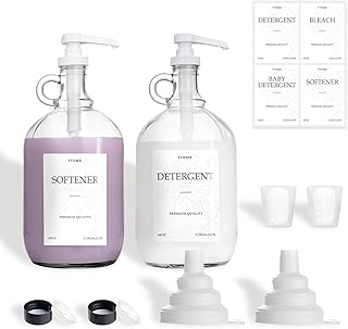 2 Pcs Glass Laundry Detergent Dispenser, Half Gallon Liquid Laundry Soap Dispenser for Laundry Room (64 oz. Each), Laundry Detergent Bottles with Pump Dispenser -Includes Labels, Funnel, Measuring Cup