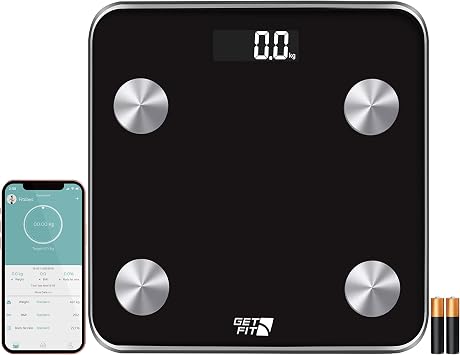 Get Fit Smart Bathroom Scales - Monitor Weight Loss Digital Body Weighing Scale - Connect to IOS/Android via Bluetooth with Easy to use APP Fitdays/Onfit, LCD Display & Automatic On/Off - Black