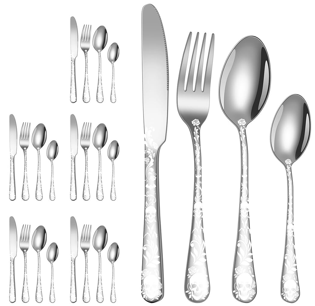 XIAOYU Halloween Skeleton Silverware Set, 24 Piece Stainless Steel Flatware Set Service for 6