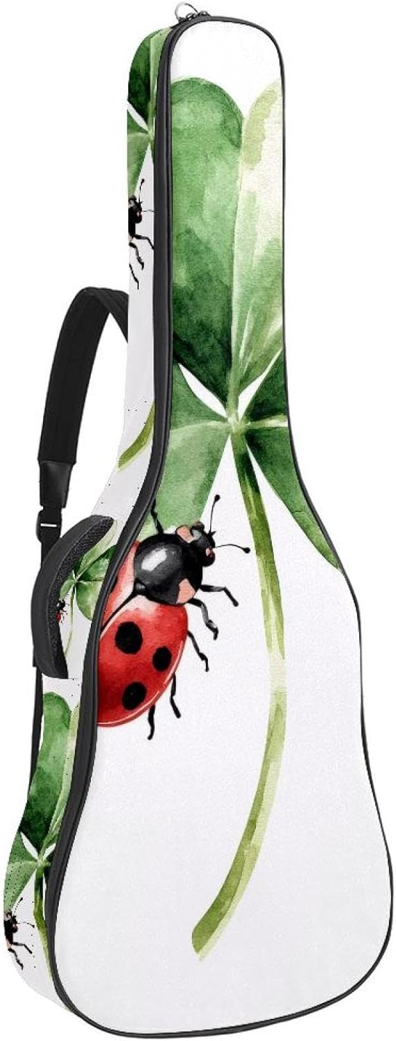 St Patrick Day Shamrock with Ladybug Acoustic Guitar Gig Bag, 1 cm Thick Padding Waterproof Guitar Bag Backpack for 40 41 42 Inch Electric Bass Classical Guitars