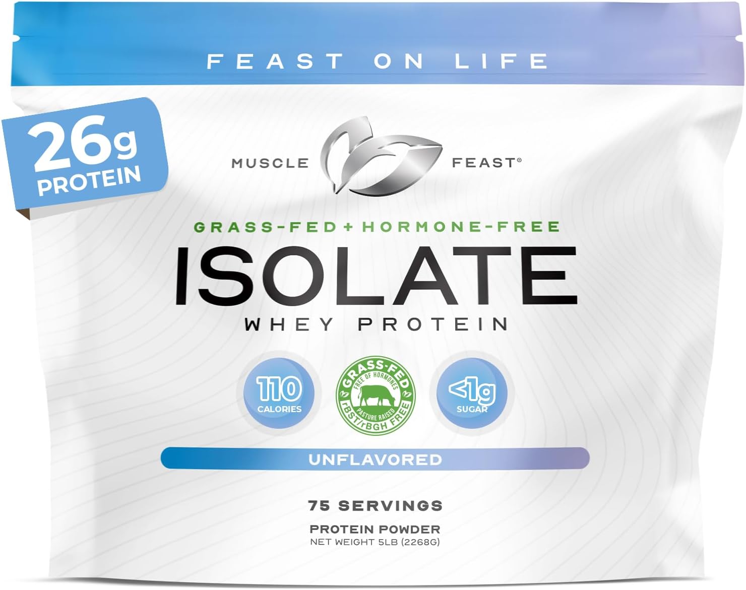 Grass-Fed Whey Protein Isolate, All Natural Hormone Free Pasture Raised, Unflavored, 5lb (94 Servings)
