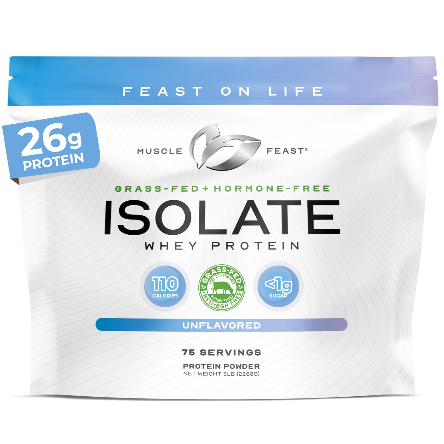 Muscle Feast Grass-Fed Whey Protein Isolate, All Natural Hormone Free Pasture Raised, Unflavored, 5lb (94 Servings)