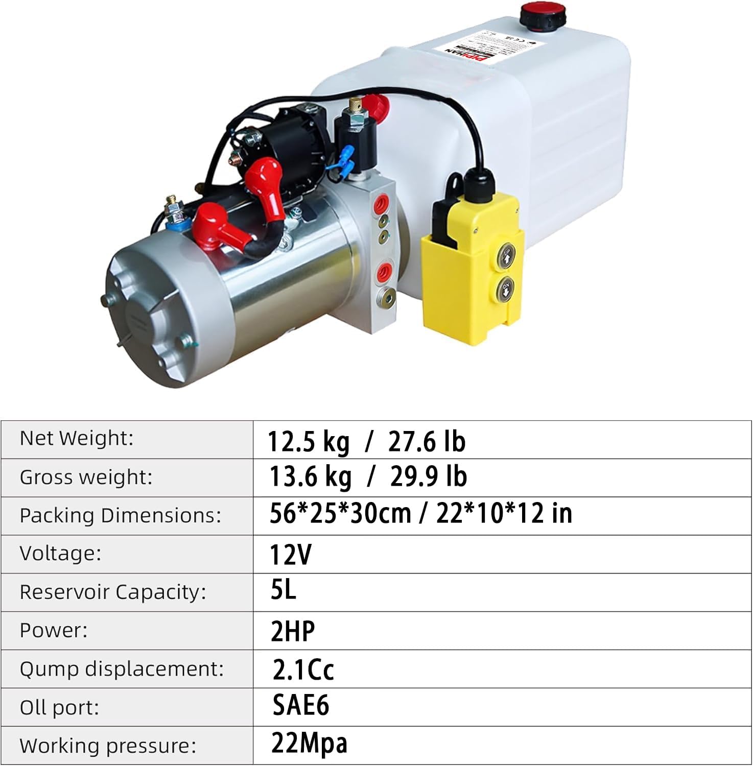 Double Acting Hydraulic Pump Hydraulic Power Unit 12V DC Hydraulic Pump (Plastic Oil Reservoir Double Acting 3200 PSI) SAE#6 Connector for Dump Trailer Car Lifting (5 Quart)