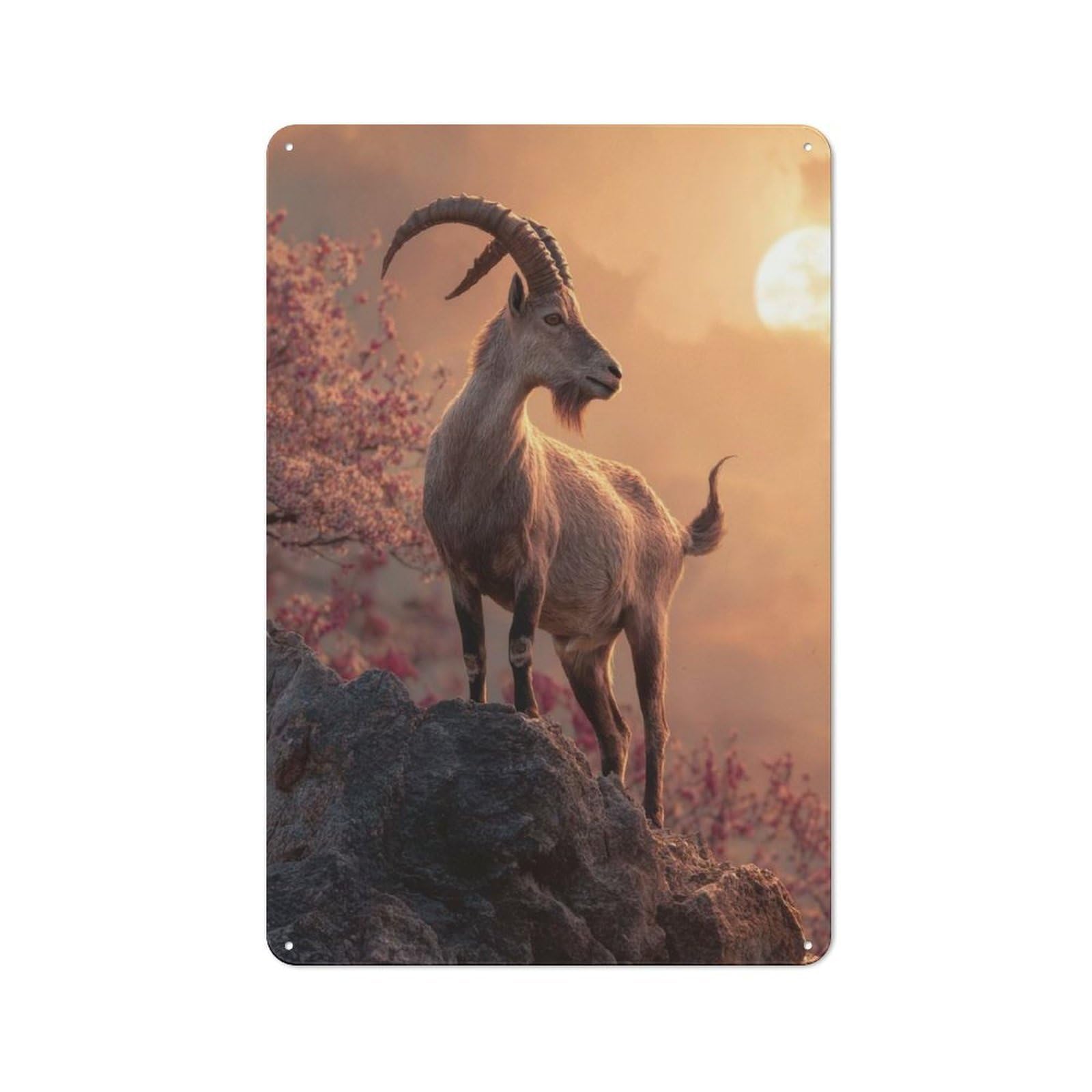 For Living Room Or Hallway, Mountain Goat on Rock at Sunset Retro Metal Plaque 30x20cm, for A Newly Furnished Living Room And Hallway