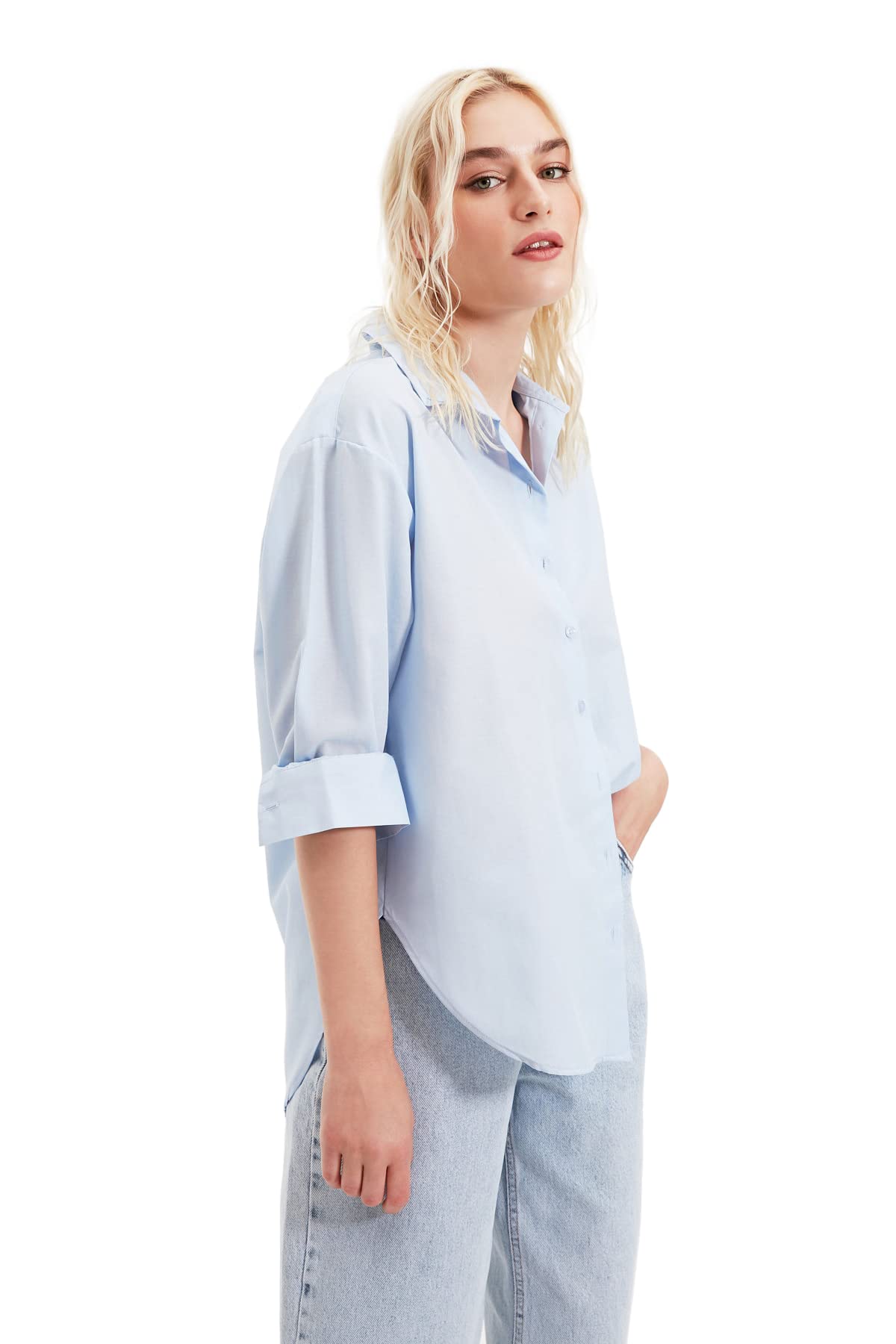 Trendyol FeMan Basics Oversize Basic Shirt Collar Woven Shirt,Blue,34