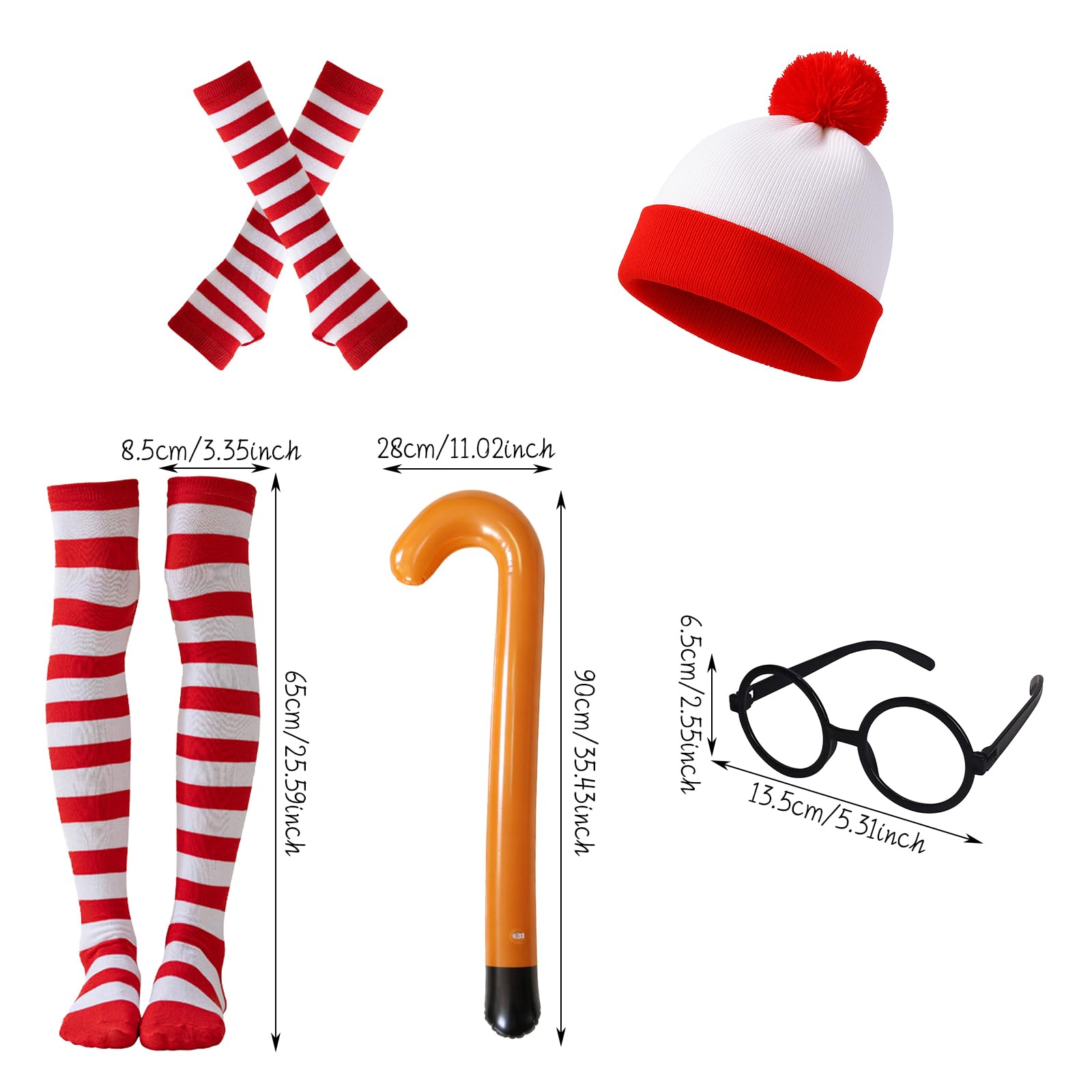 MUNSKT Wheres Wally Costume Set,Red&White Stripe Bobble Hat Socks Gloves Black Nerd Glasses,Cosplay Accessories Set,90s Fancy Dress Costume for World Book Day Halloween Christmas Dress Up Day (cane) - Image 2