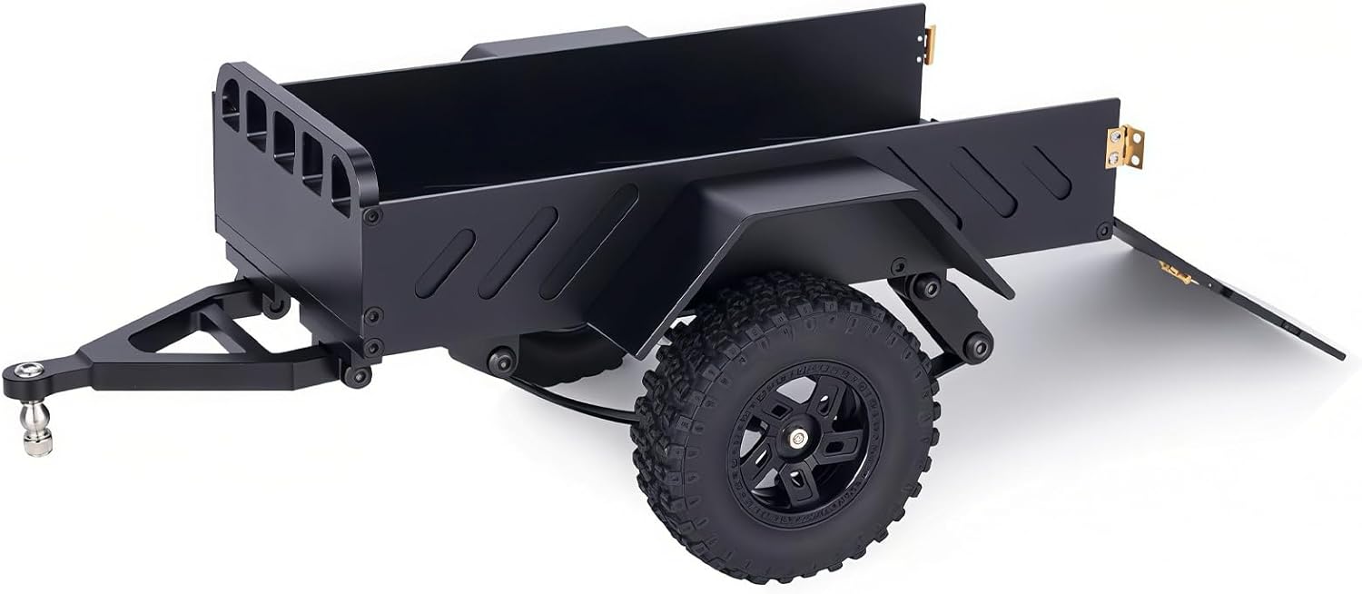 CNC Aluminum Utility Trailer for 1/18 RC Crawler, Small Scale Hauling Trailer with Fold-Down Tailgate Ramp, 1.0in Wheels, Fully Assembled (Black)